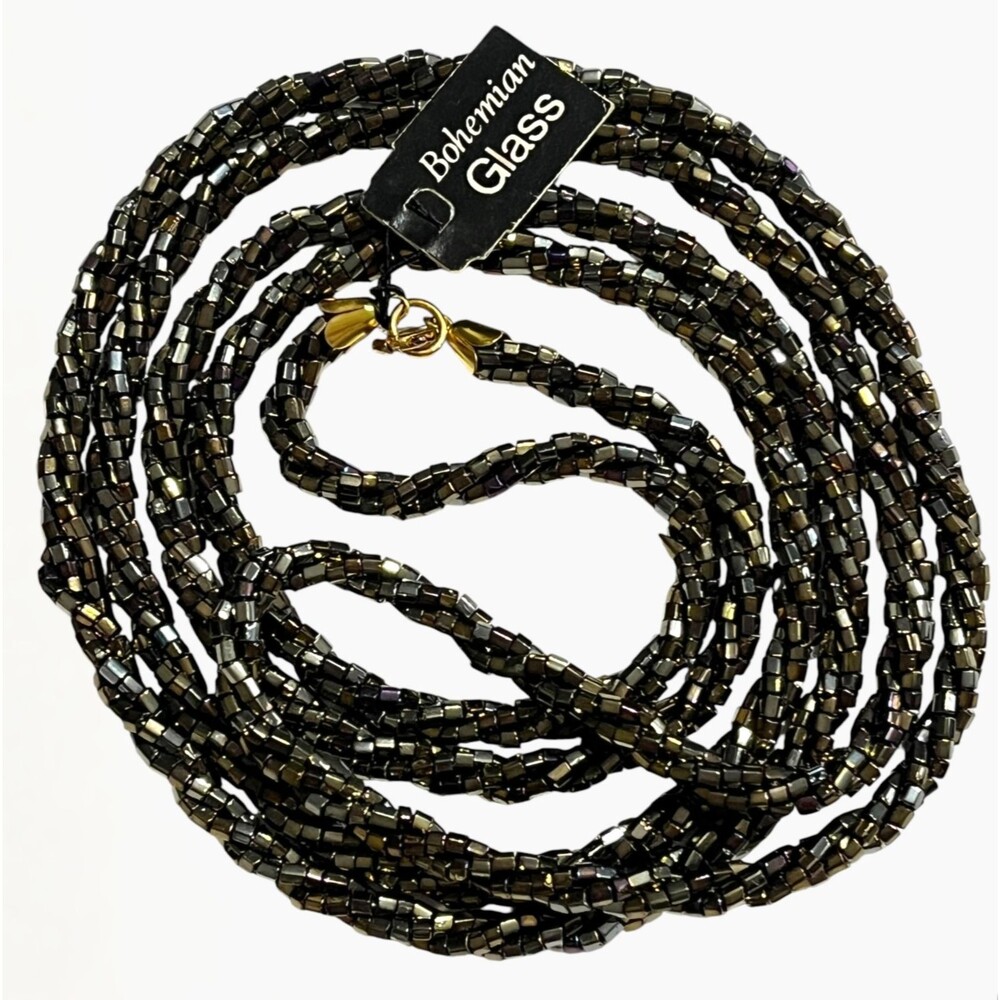 VTG Bohemian Glass Twisted Rope Necklace Black Oil Slick Iridescent Metallic 48"